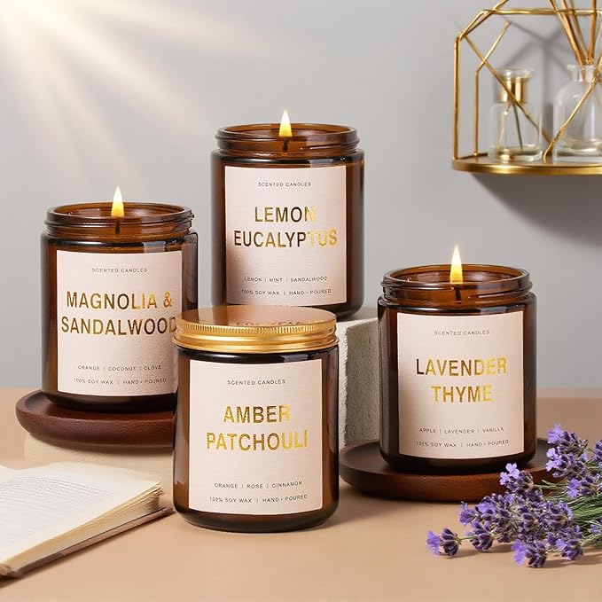 Candles for Home Scented, 4 Pack Soy Candle Non Toxic, Spring Scented Candles with Lavender Thyme, Magnolia & Sandalwood, Amber Patchouli, Lemon Eucalyptus - Candle Gifts Set for Women & Mothers Day