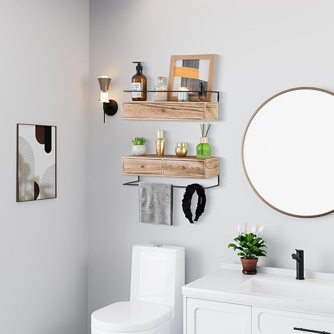 dreampossible 2-Pack Rustic Floating Shelves with Drawer, Wall Mounted Bathroom Shelf, 15.8 Inch Long, Brown Wood & Metal, 30 lbs Capacity