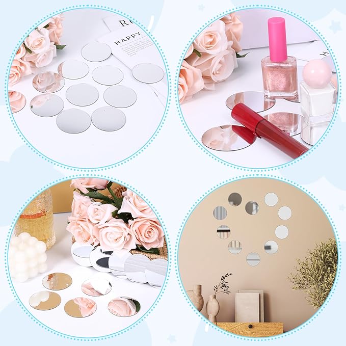 Trinkrittey 20Pcs Mini Acrylic Round Mirror Tiles, Self Adhesive, Silver, Classic Style, Mosaic Tiles for DIY Crafts, Wall Decor, Jewelry Making, 2 Inch