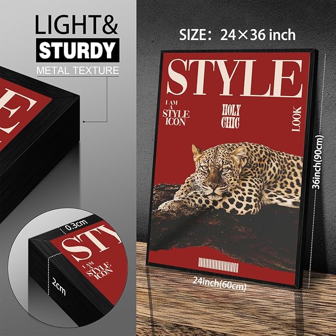 Red Cheetah Wall Art Vintage Trendy Cool Y2k Leopard Style Posters Funky Magazine Aesthetic Cover Canvas Prints 24X36 inch Black Framed for Living Room Bedroom Dorm Wall Decor