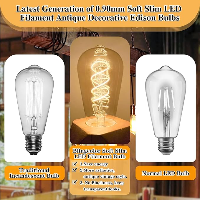 E26 LED Vintage Edison Light Bulbs 40W Equivalent, Dimmable E26 Edison Bulbs 4W LED 2700K Amber Warm White Light Bulb, ST58 Antique Decorative Bulb for Pendant Lights Fixtures, 400LM, 4 PACK