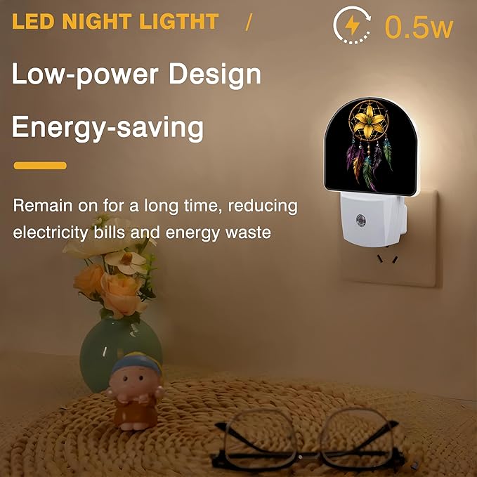 Night Lights Plug into Wall Floral Dreamcatcher Night Light Dusk to Dawn Smart Sensor Decorative Round Led Lamp for Bedroom Kitchen Hallway Nightlight for Women Men