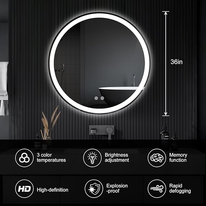 Sweetcrispy 36-Inch Round LED Bathroom Backlit Mirror with Lights, Circle Vanity Mirror with Anti-Fog, Dimmable, 3-Color Light, Memory Function, Tempered Glass