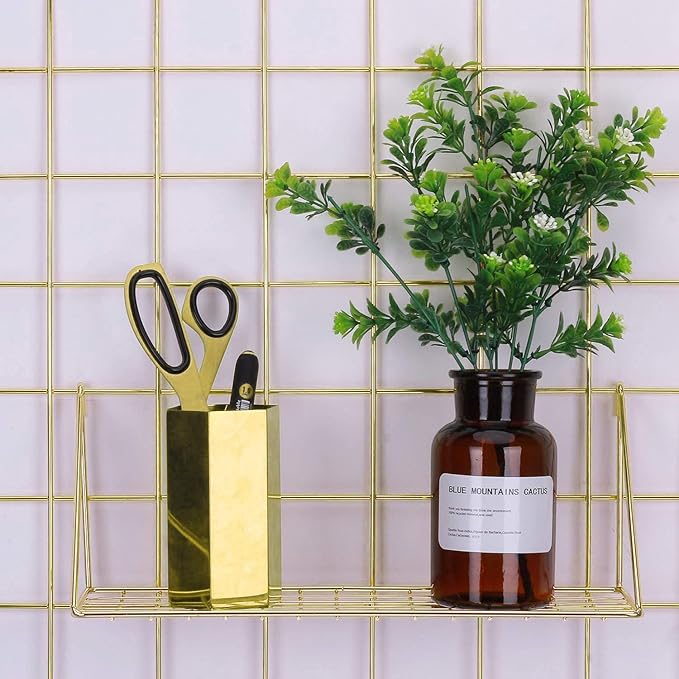Straight Flat Display Shelf for Wall Grid Panel, Wire Hanging Organizer Rack Bin Storage Mountable, 11.8" Width x 4.3" Depth, Gold