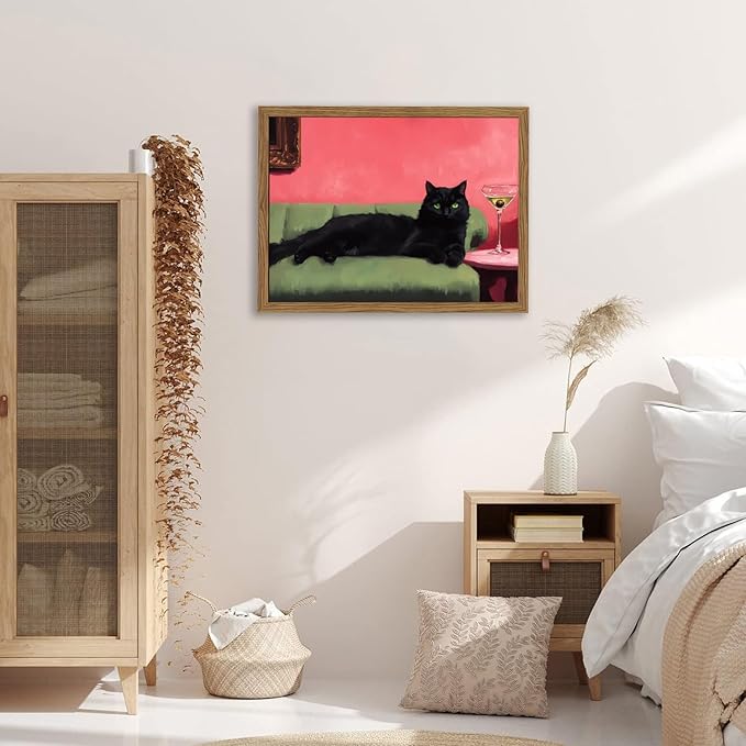 Cute Black Cat With Martini Wall Art Funny Animal Wall Decor Quirky Whimsical Cocktail Bar Cart Canvas Painting Poster Prints Pet Lover Picture Aesthetics for Bedroom Living Room Framed 12x16 inch