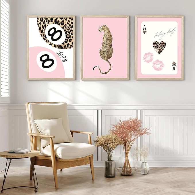 Trendy Leopard Wall Art Cheetah Print Canvas Wall Decor 8 Ball Poster Preppy Room Aesthetic Pictures Funky Coquette Vintage Prints Y2k Fashion Lucky Posters for Bedroom 16x24x3 Inch Framed