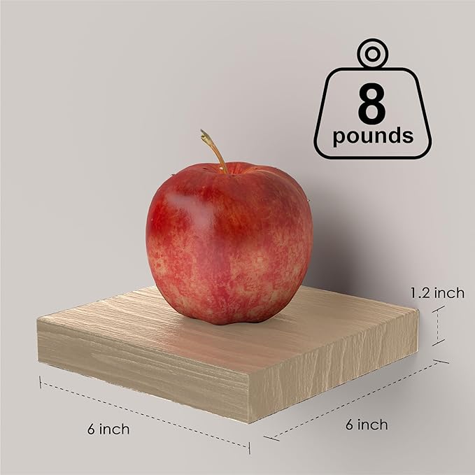 PopiShelves Small Floating Shelves for Wall - 6 Inch Mini Square Natural Wood Shelves for Bedroom, Living Room, Bathroom, Kitchen, Office Decor Set of 3