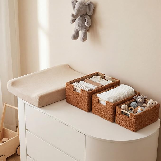 3 Pack Baby Diaper Caddys Organizer 3 Size Brown Baby Changing Basket Sherpa Fleece Diaper Storage Baskets Soft Plush Toy Bins BabyShower Gift for Nursery Car Portable Changing Table