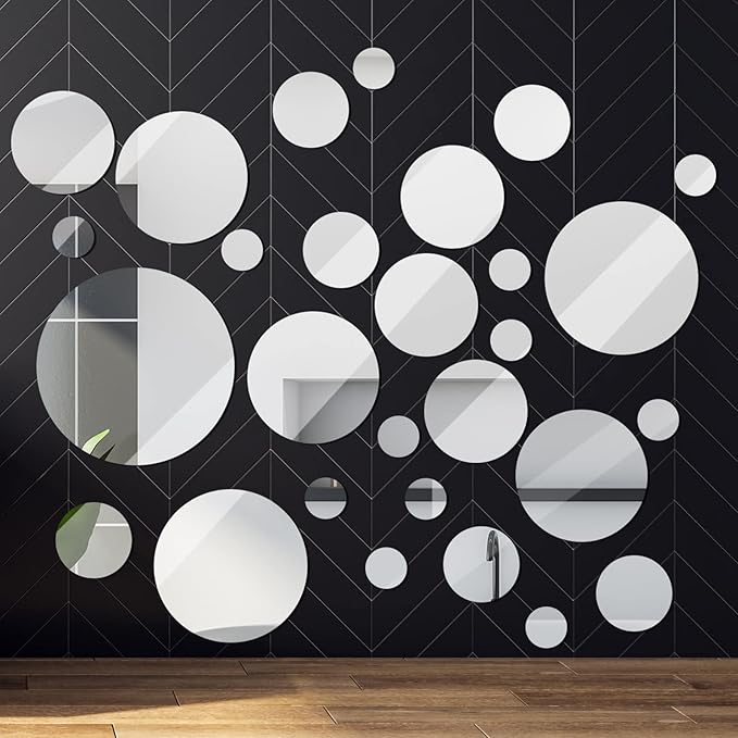Jetec Real Glass Round Mirror Tiles Frameless Round Wall Mirrors Glass Mirror Tiles Wall-Mount Mirrors with Acrylic Double Sided Adhesive for Bedroom Bathroom Craft (28 Pcs, 1/2/3/4/5/6 Inch)