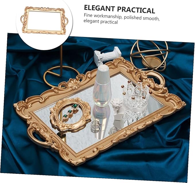 VILLCASE European Style Vintage Mirror Tray Golden Makeup Organizer Perfume Storage Vanity Display Decorative Dresser Tray for Home Party Decor