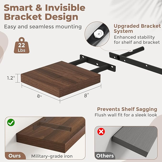 8 Inch Floating Shelves for Wall with Invisible Brackets Set of 3, 8"D Engineered Wood Wall Shelves with Wood Grain for Living Room, Bedroom, Bathroom, Kitchen Decor and Storage, Walnut Finish