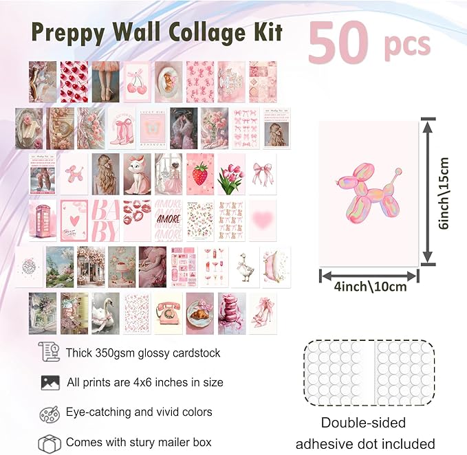KBKBART 50Pcs Pink Coquette Room Decor Aesthetic Pictures, Pink Posters Coquette Room Decor, 4"x6" Wall Collage Kit for Teen Girls Dorm Bedroom, Cute Pictures Trendy Wall Art Prints