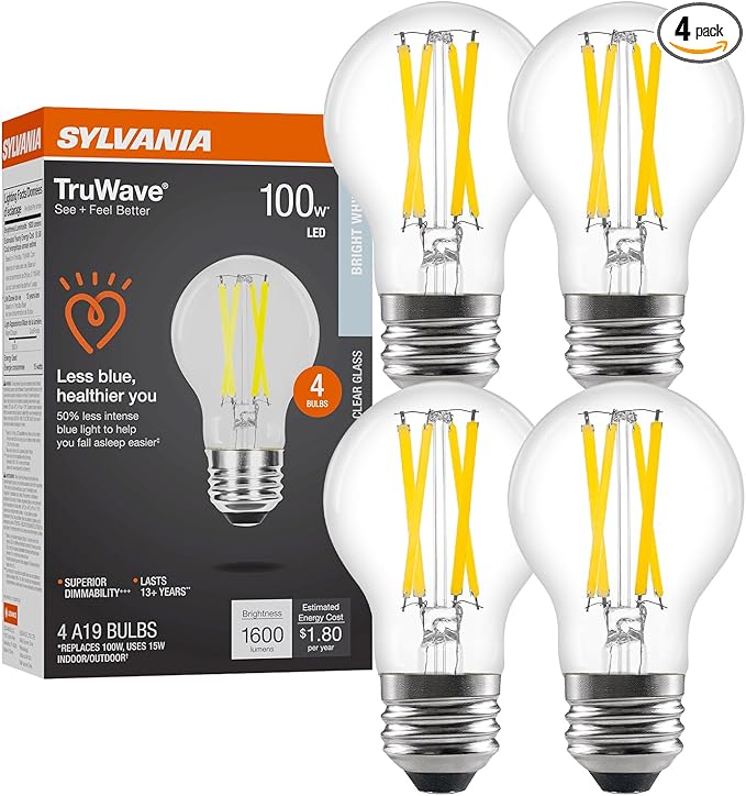 Sylvania LED TruWave Natural Series A19 Light Bulb, 100W Equivalent, Efficient 15W, 1600 Lumens, Medium Base, Dimmable, Clear, 3500K, Bright White - 4 Pack (42274)