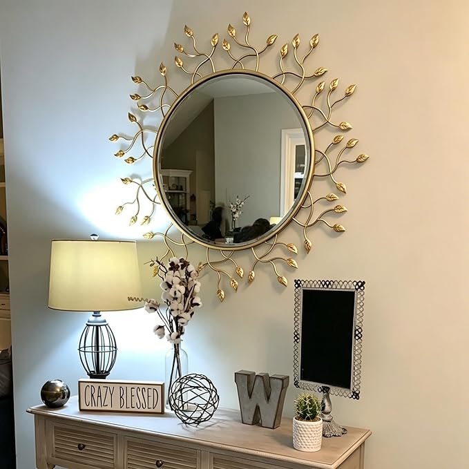 Chende 39" x 39" Gold Decorative Wall Mirror, Large Round Mirror with Metal Leaves, Gold Frame for Living Room, Entrance, Dining Room, Bedroom