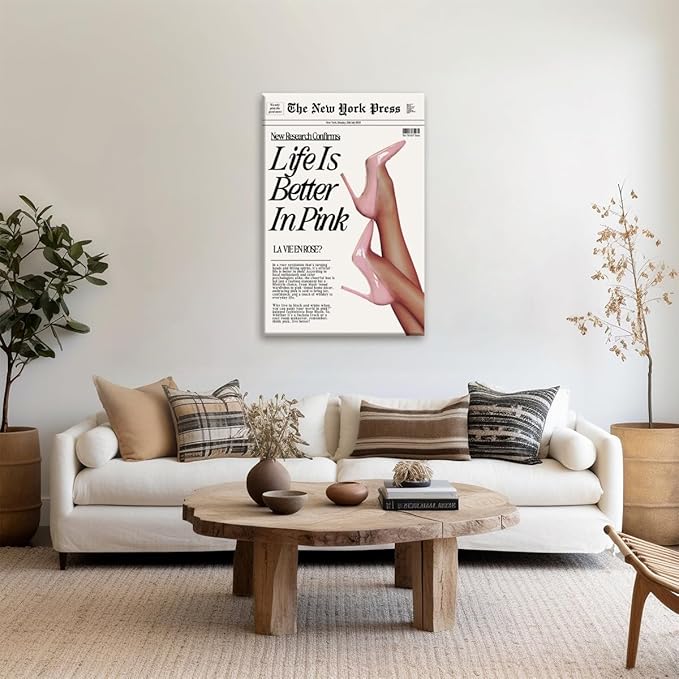 Trendy Baby Pink Poster 70s Canvas Prints The New York Press Wall Art Life Is Better in Pink Hot Girl Posters Preppy Aesthetic Decor Bedroom for Cool Girly Room Home Dorm 16x24inch Framed