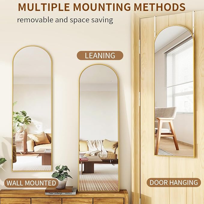 Over The Door Full Length Mirror, 48"x14" Arched Mirror for Bedroom, Living Room, Entryway, Dorm - Gold