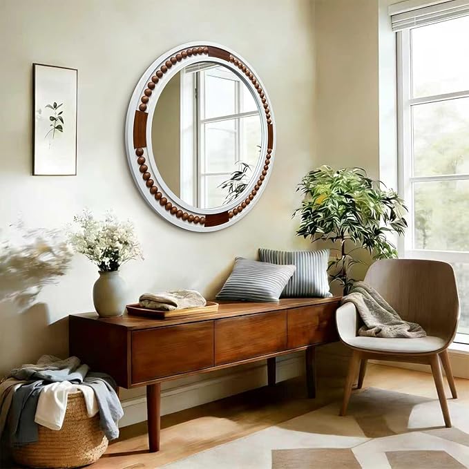 HQiJun 32 Inch Round Boho Wall Mirror, Large Rustic Coastal Wall Decor with White Wood Frame and Brown Bead Accents,Farmhouse Decorative Mirror for Entryway, Bedroom, Living Room