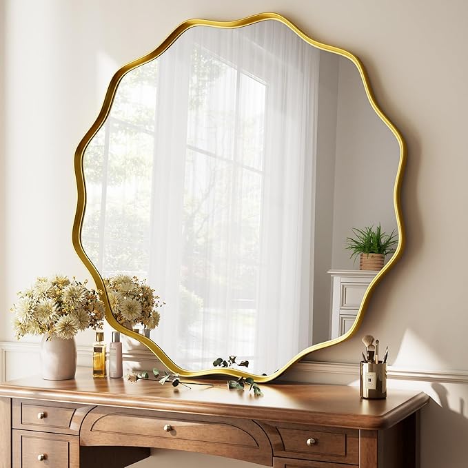 Round Wavy Mirror 42 Inch Bathroom Vanity Mirror Metal Frame Circle Wall Mounted Mirror for Bedroom Living Room Entryway Gold