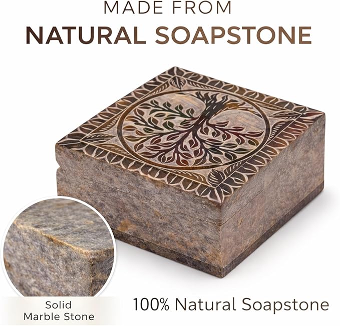 Hand Carved Marble Soapstone Square Shape Jewellery Box | Storage Organizer | Decorative Trinket Ornament Holder. (Multicolor, Length 4 Inch x Width 4 Inch x Height 2 Inch)