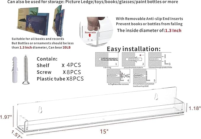 KLGO 15 Inch Invisible Acrylic Floating Wall Ledge Shelf,Wall Mounted Nursery Kids Bookshelf, Invisible Spice Rack, Clear 5MM Thick Bathroom Storage Shelves Display Organizer, Transparent (2 Pack)