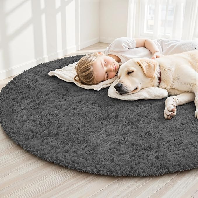 Dark Gray Round Fluffy Rug 6ft Plush Fuzzy Shaggy Carpet,Soft Rugs for Living Room for Nursery,Preppy Dorm,Classroom,Playroom,Teen,Baby Home Decor (Dark Gray 6"x6")