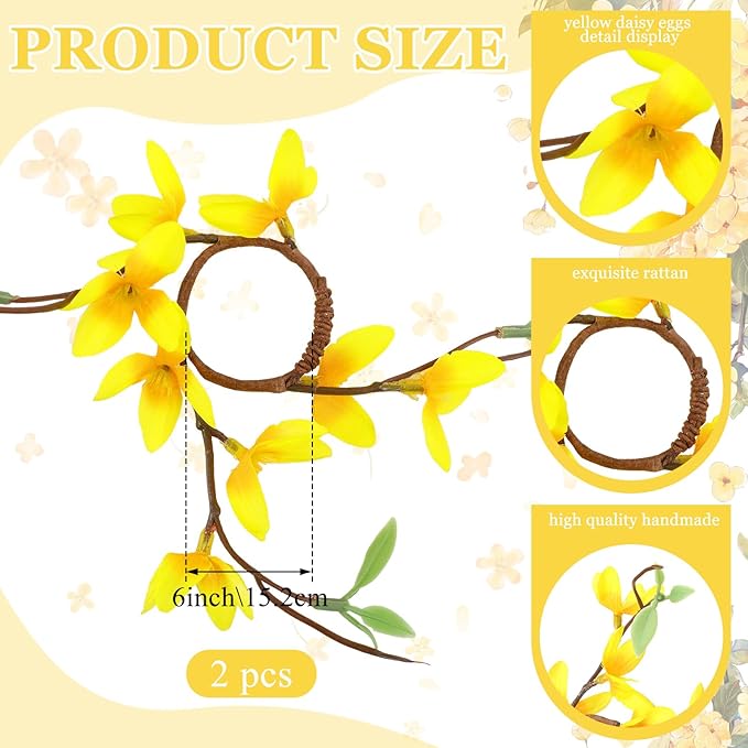 Daifunli 2 Pcs Spring Candle Rings Faux Forsythia Flower Candle Rings 1.25 Inch Artificial Silk Yellow Forsythia Flower Farmhouse Wreath Candles Holder for Spring Summer Rustic Table Centerpiece Decor