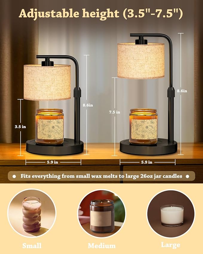 Candle Warmer Lamp with Timer Dimmer, Height Adjustable Modern Farmhouse Candle Warmer, Electric Candle Lamp Warmer with 2 Bulbs, Birthday Gifts for Women Mom, Gift for Home Decor