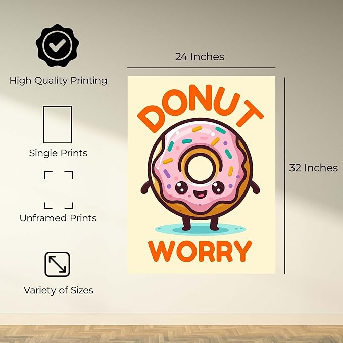 InkFlow Posters Donut Worry Poster - Smiling Donut Illustration - Playful Food Art Design - Kids Bedroom Kitchen Playroom Decor - Cheerful Cartoon Style Print - 24x32 Unframed Canvas Print
