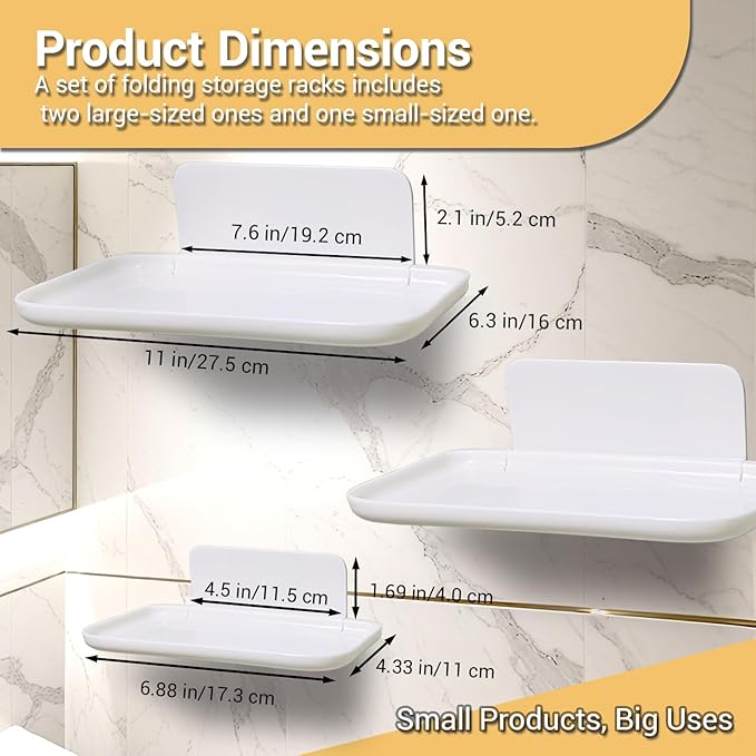 3 Pcs Small Foldable Floating Shelves for Living Room Bathroom,Bedside Shelf No Drill,Adhesive Shelves Organizer,Stick on Wall Rack Shelf Kitchen Entryway Bedroom,Bed Bedside Tray White