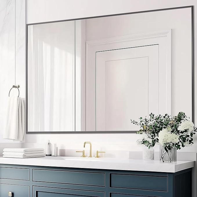 Antok 60x36 Black Metal Framed Bathroom Mirror, Wall Mirror with Rect Corners, Vanity Mirror for Over Sink, Anti-Rust Tempered Glass, Horizontal/Vertical Hanging for Bathroom, Living Room, Entryway