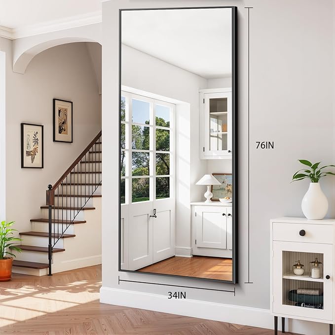 76"x34" Floor Mirror Full Length - Standing Mirror with Aluminum Alloy Frame, Large Body Mirror for Bedroom, Living Room, Wall Mounted or Leaning