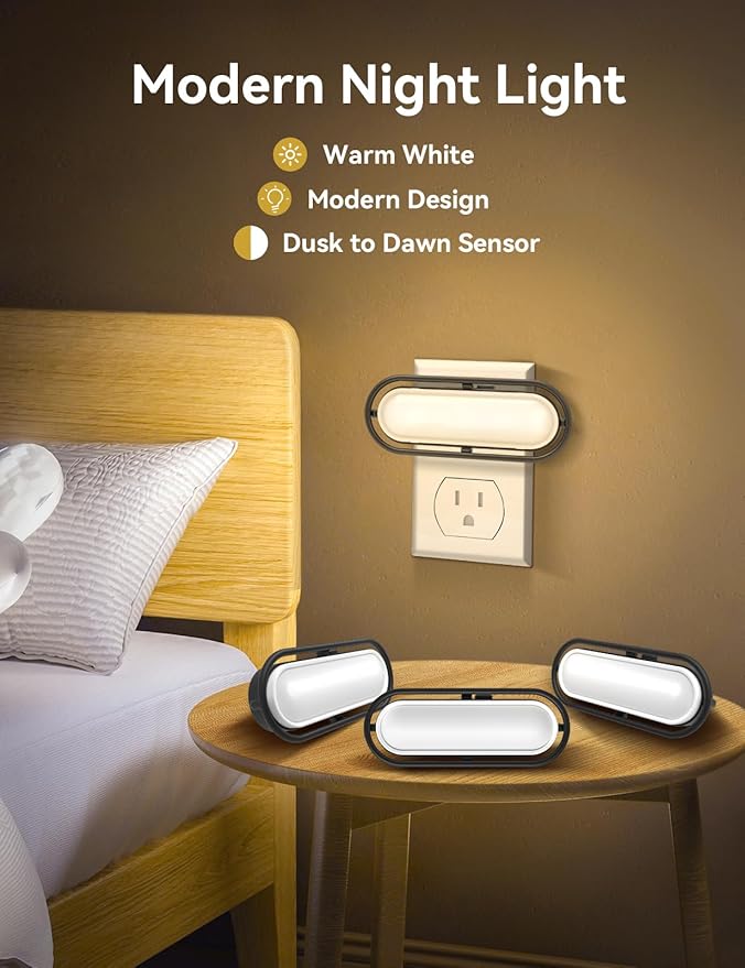 Night Light Plug in, Vintage Night Light Dusk to Dawn Sensor, Adjustable Brightness 0-100LM, Soft White 3000K, Farmhouse Rustic Home Decor Nightlight for Hallway Bedroom Stairway Kids, 4 Pack