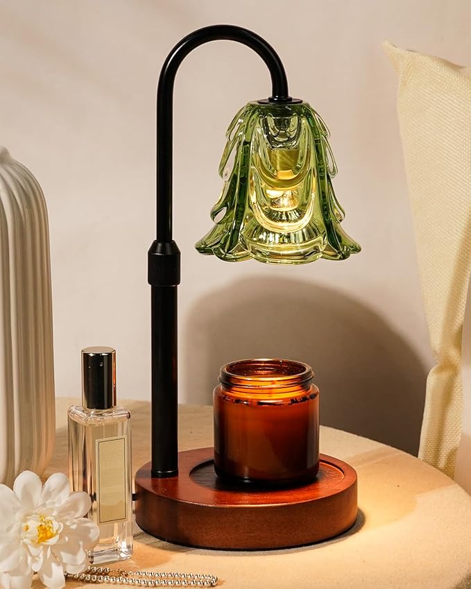 Small Candle Warmer Lamp with Timer, Adjustable Green Lamp Warmer for Jar Candles, Unique Women Gifts for Birthday, Dimmable Candle Heater, Cute Wax Warming Light with Wood Base