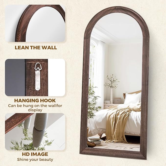 Arched Full Length Mirror 71"x32" - Rustic Brown Solid Wood Wall Mirror, Oversized Leaning or Mounted Design for Bedroom, Entryway, Living Room Décor