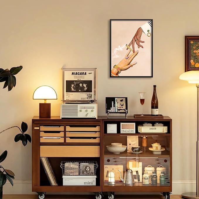 Beige Vintage Abstract Canvas Poster Modern Surreal Trippy Wall Art Unique Eclectic Prints 12X16 inch Black Framed for Bed Living Room Gallery Wall Decor