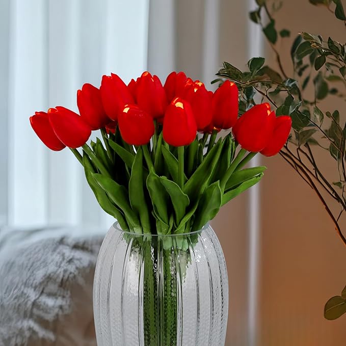 HOMESEASONS Lighted 20pcs LED Lighted Fake Flowers Artificial Tulips Real Touch Tulip Bouquet 15" Faux Tulips for Easter Decor Spring Decor Mother's Day Home Kitchen Wedding Decorations (Red)