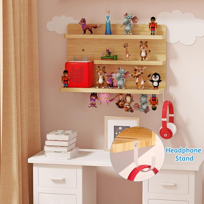 for Tonies Shelf Magnetic - Tonies Figure Organizer for Kids Room, Wooden Magnetic Display Shelf for Tonies Box Holder, Wall Floating Shelves Toy Storage Compatible Charging Station (3 Tier, Wood)