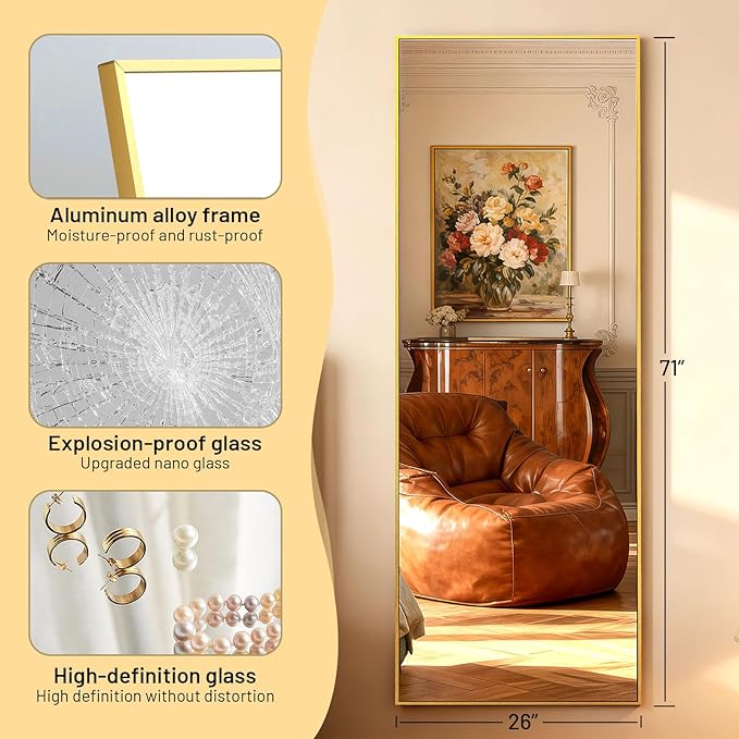 Simple Deluxe Full Length Mirror, 71"x26"Large Floor Mirrors, for Wall Door Bedroom Bathroom Living Room (Gold)