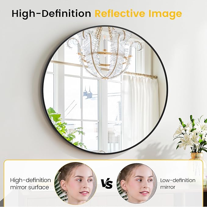 GarveeHome Round Miror, 18 in Small Aluminum Alloy Frame Circle Mirror, High Definition Eco-Friendly Black Round Bathroom Mirror for Over Sink, Wall Mirror for Entryway, Bathroom, Vanity