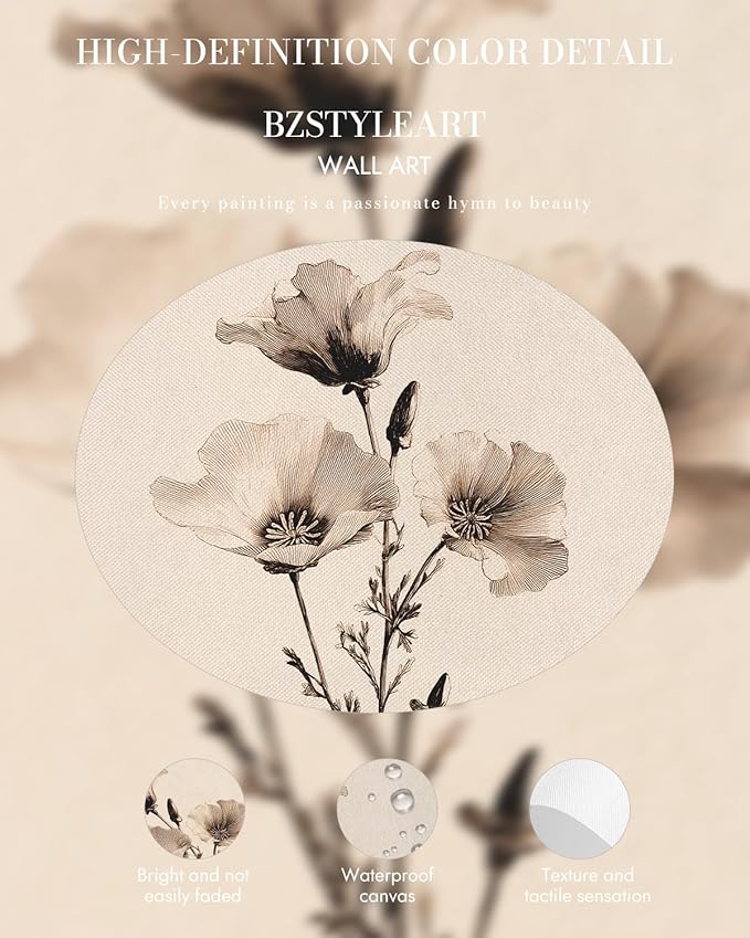 Bzstyleart Vintage Wall Art Decor for Living Room, Canvas Framed Flower Wall Art, Sketch Poppy Flower Picture Painting, Vintage Room Decor Aesthetic for Bedroom Kitchen, California, 12L x 16W
