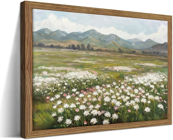 Framed Farmhouse Landscape Wall Art, Modern Country Flower Wall Decor, Vintage Wildflowers Mountain Canvas, Farm House Nature Pictures Print Artwork for Bedroom Living Room – 12x16 inch