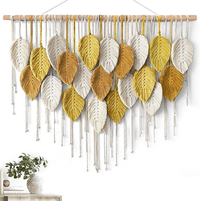 KHOYIME Large Macrame Wall Hanging Boho Woven Tapestry, Bohemian Farmhouse Handmade Yellow Leaf Feather Wall Art Chic Modern Home Decoration for Living Room Bedroom Nursery Dorm Backdrop 39"W X 29.5"L