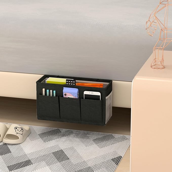 Edudif Dual-purpose Bedside Caddy Bedside Organizer, Bed Caddy with 6 Pockets, Versatile Bedside Storage Solution Magazine Remotes holder, ideal for Home, Dorm, Hospital, Crib Bed (Black)