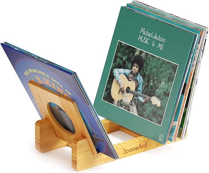 SpaceAid Bamboo Vinyl Record Storage Holder Shelf, Holds Up to 50 Albums, 7 or 12 inch LPs, Vinyl Holder Stand Organizer Display Accessories, Gifts for Vinyl Records Lovers (Natural)