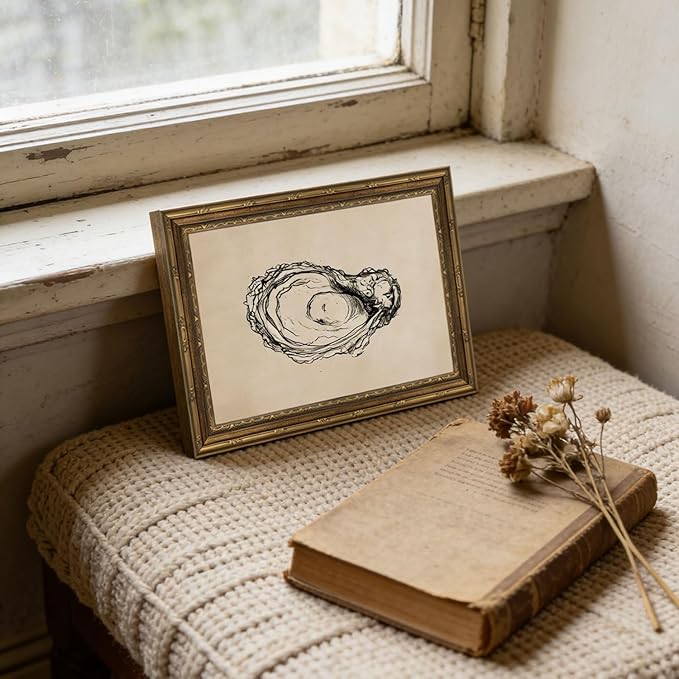 Gold Framed Wall Art Vintage Oyster Shell Sketch Wall Art Rustic Kitchen Cottagecore Seashell Wall Decor Picture Summer Beach House Still Life Poster Print for Living Room Dining Room 9x11in