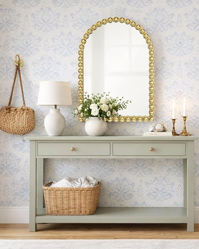 Gold Beaded Arched Wall Mirror 22x30 Inch, Vintage Decorative Arch Mirror with Beaded Frame, Accent Mirror for Entryway, Bathroom, Living Room, Bedroom, Fireplace