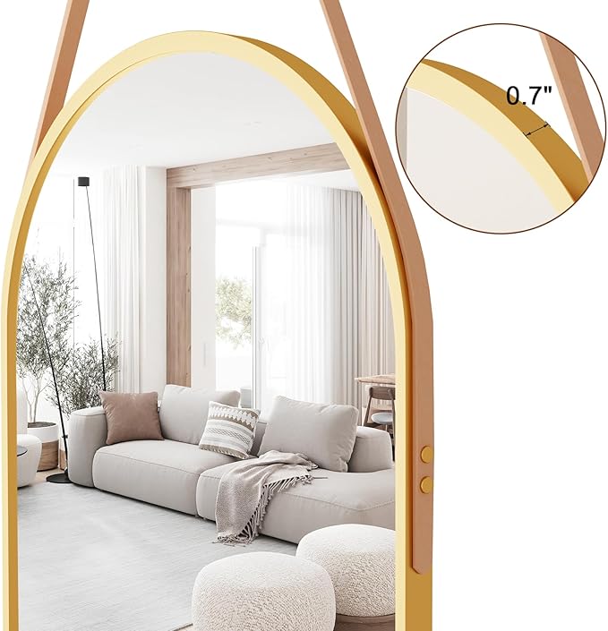 Full Length Mirror, Oval Wall Mounted Mirror, 48"x16" Door Mirrors with Hanging Leather Strap, Wall Mirrors Full Length with Aluminum Frame for Bathroom Living Room Entryway (Gold)