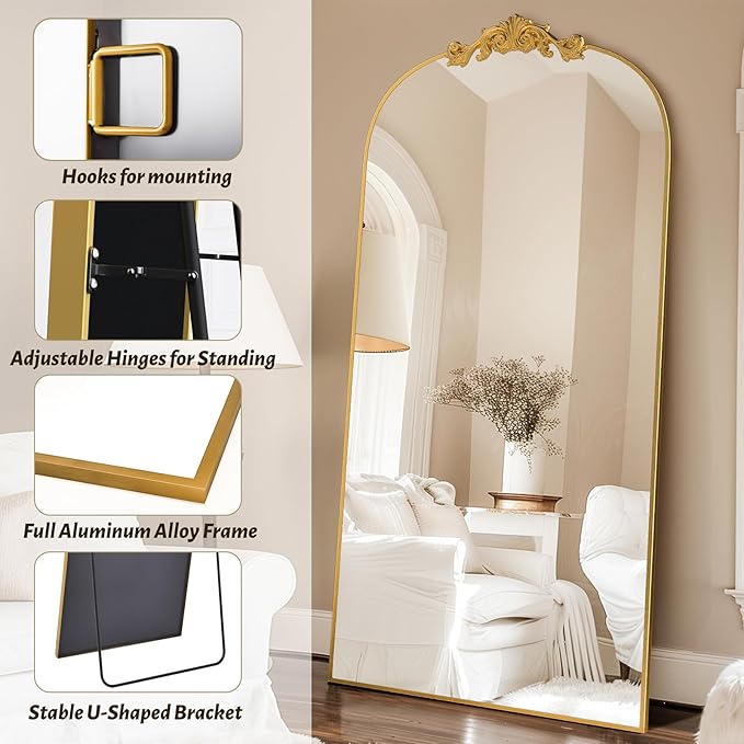 Vintage Full Length Mirror,78"x38" Arched Antique Floor Mirror with Carved Metal Frame,Large Standing Wall Mounted or Leaning Mirror for Bedroom Living Room Entryway,Gold