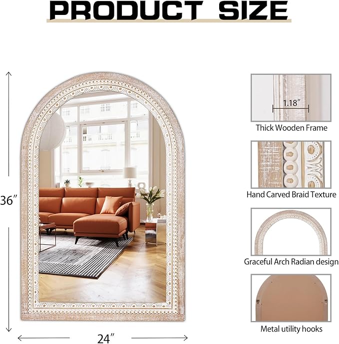 36x24 Inch Rustic Farmhouse Arched Wall Mirror, Boho Distressed Wooden Frame Decorative Arch Mirror for Bathroom Over Sink, Living Room, Entryway, Foyer
