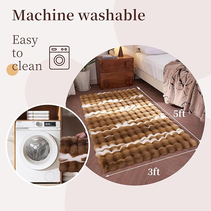 3x5-foot Synthetic Rabbit Fur Rug, Multicolor Bubble-Patterned Velour Design. Soft, Plush, Slip-Resistant, and Machine Washable. Ideal for Living Rooms and bedrooms as a Rectangular Area Rug